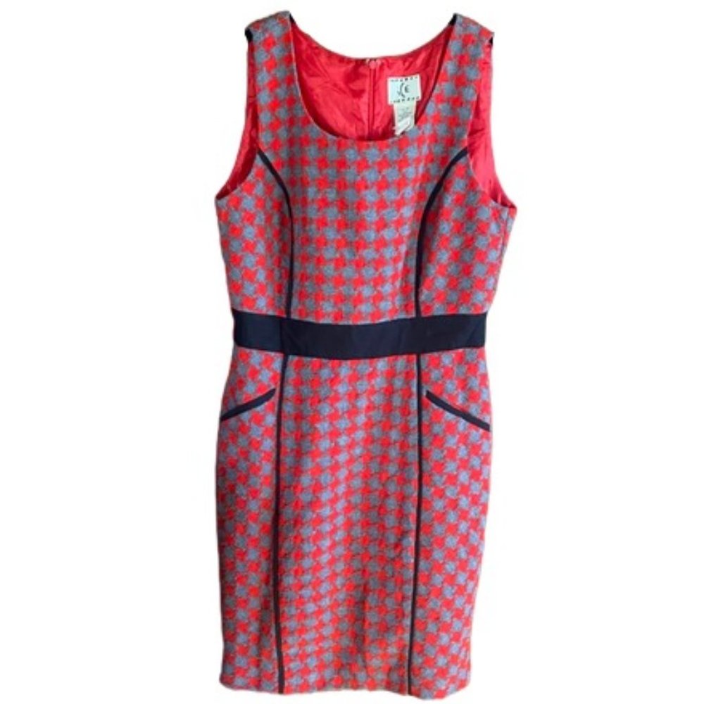 Constructed Sheath Dress with‎ Pockets Red and Grey Checkered Print Wool Blend